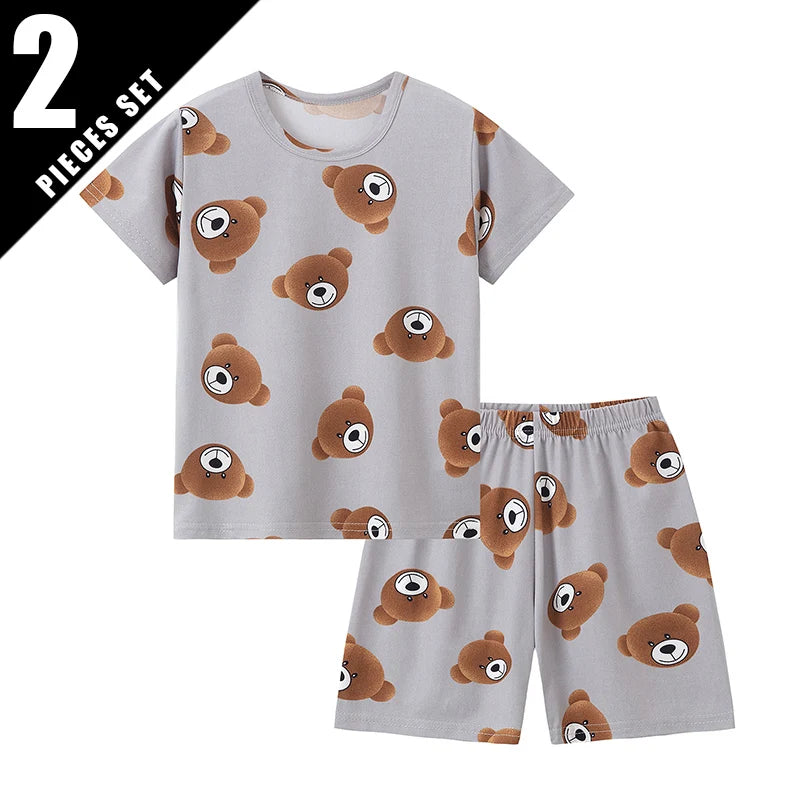 2-Piece Children's Cute Bear Print Fashion Suit Boy's Casual Fashion Round Neck Shirt Girl's Comfortable Wild Shorts Combination