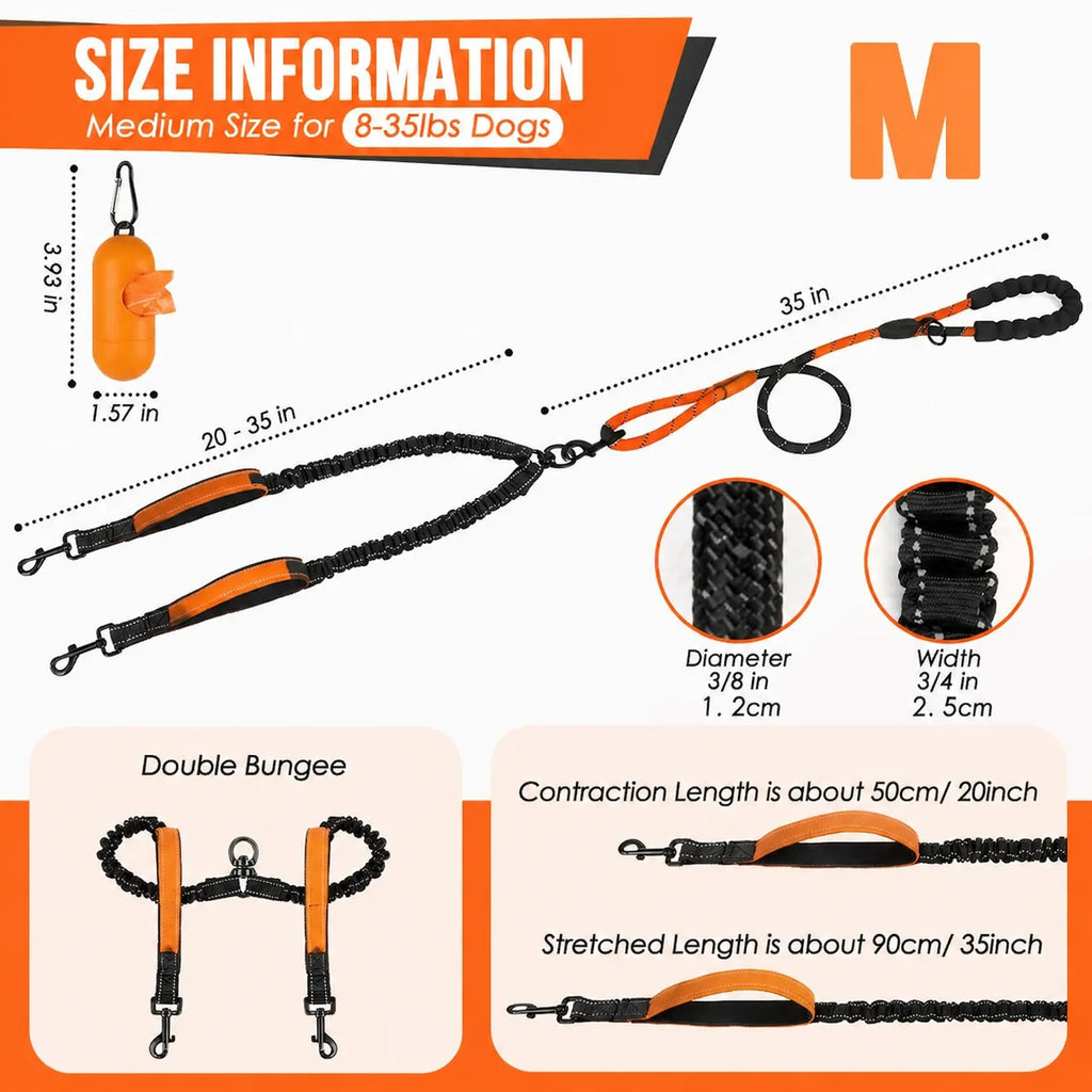 Reflective Shock-Absorbing Double Dog Leash with Tangle-Free 360° Rotation