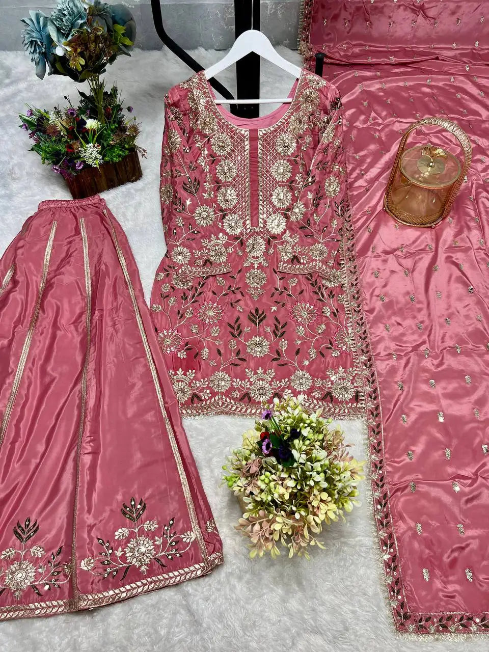 Designer Heavy Pakistani Sharara Suit Set Beautiful Chinon Silk Fabric with Sequence Work New Winter Festival Party Wear Design