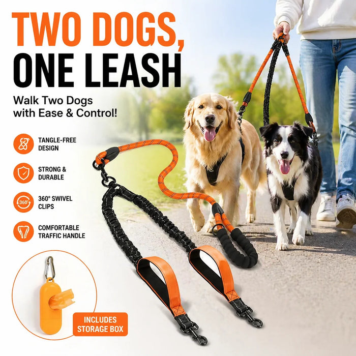 Reflective Shock-Absorbing Double Dog Leash with Tangle-Free 360° Rotation