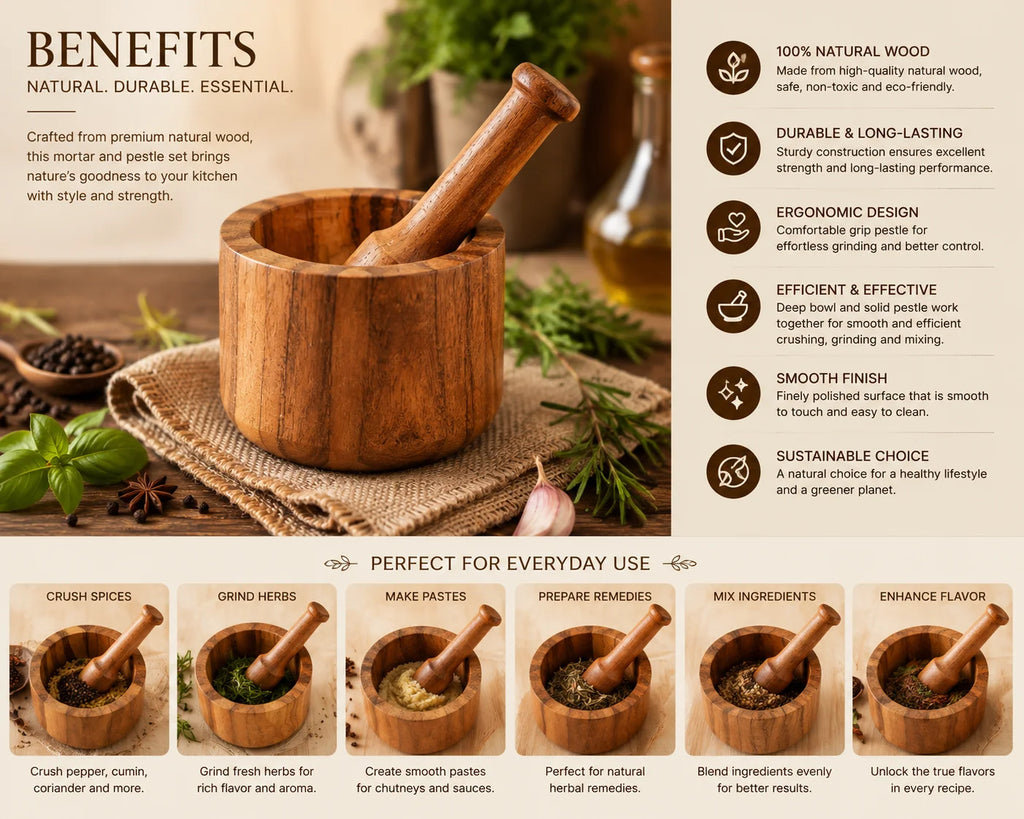 Acacia Wood Mortar Pestle Set Multifunctional Spice Grinder Garlic Masher Herb Crusher Household Seasoning Kitchen Use
