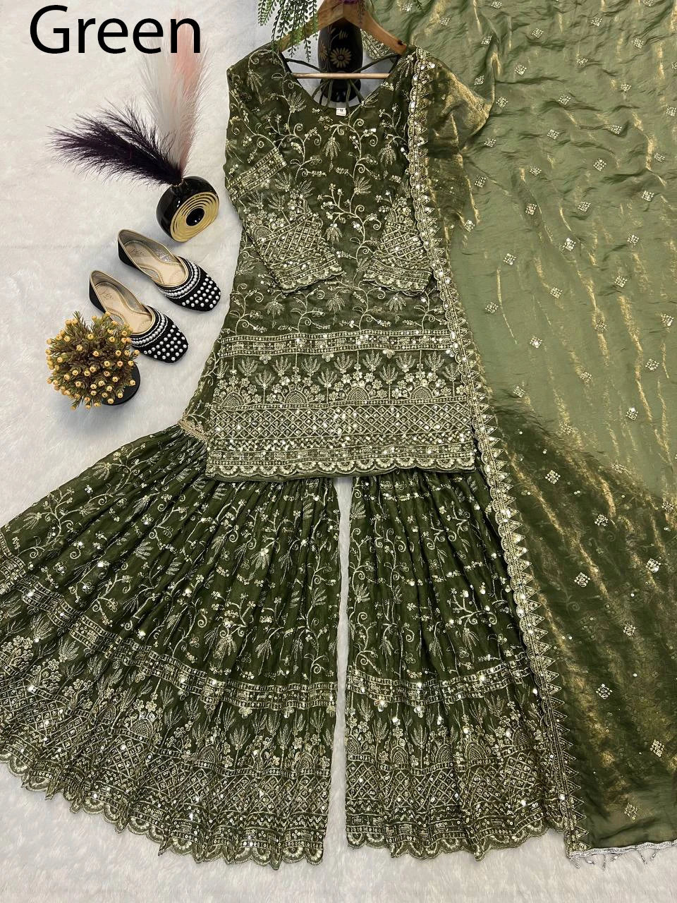 Modern Heavy Faux Georgette Fabric Indian Pakistani Ethnic Party Slim Fit Dress Designer Sharara Suit Palazzo Dupatta Ready Wear