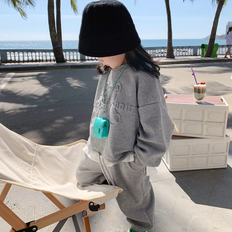 3-8 Years Girls Casual Clothing Set Spring Autumn New Cartoon Bear Print Long Sleeved Sweatershirt+Pants 2Pcs Sports Outfit
