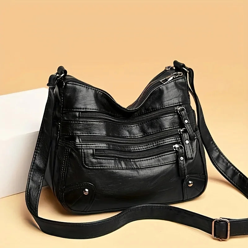 Multi-Zipper Vegan Leather Crossbody Bag with Adjustable Shoulder Strap