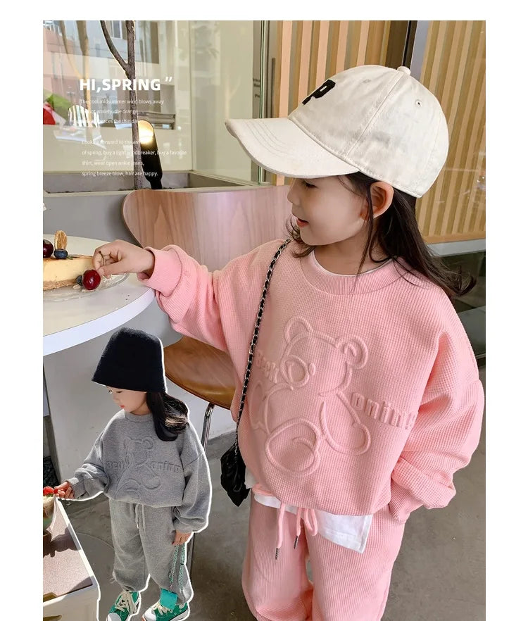 3-8 Years Girls Casual Clothing Set Spring Autumn New Cartoon Bear Print Long Sleeved Sweatershirt+Pants 2Pcs Sports Outfit