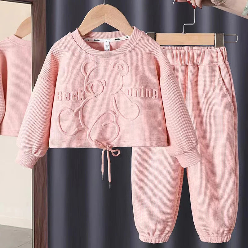 3-8 Years Girls Casual Clothing Set Spring Autumn New Cartoon Bear Print Long Sleeved Sweatershirt+Pants 2Pcs Sports Outfit
