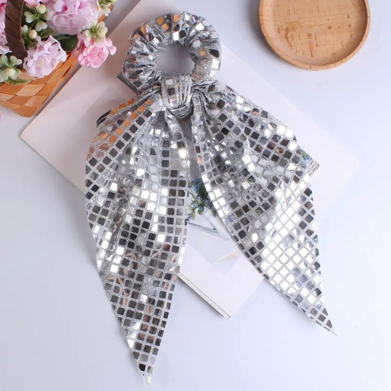 Glitter Sequin Bow Elastic Hair Bands with Ponytail Tie Scarf