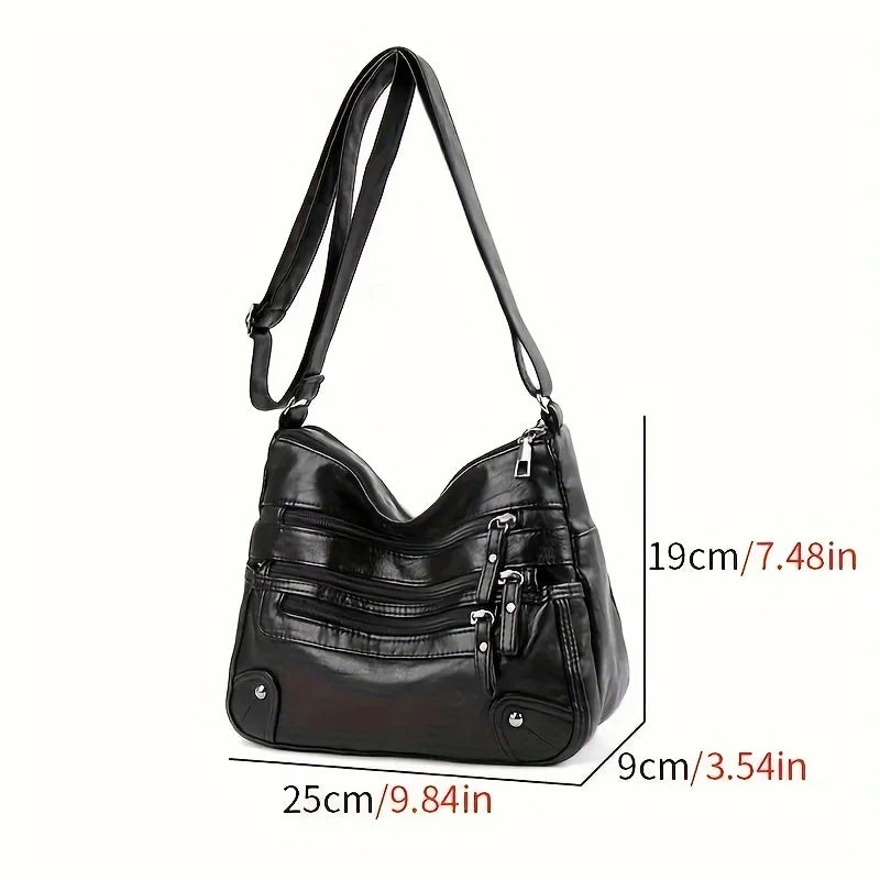 Multi-Zipper Vegan Leather Crossbody Bag with Adjustable Shoulder Strap