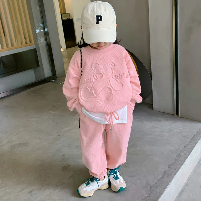 3-8 Years Girls Casual Clothing Set Spring Autumn New Cartoon Bear Print Long Sleeved Sweatershirt+Pants 2Pcs Sports Outfit