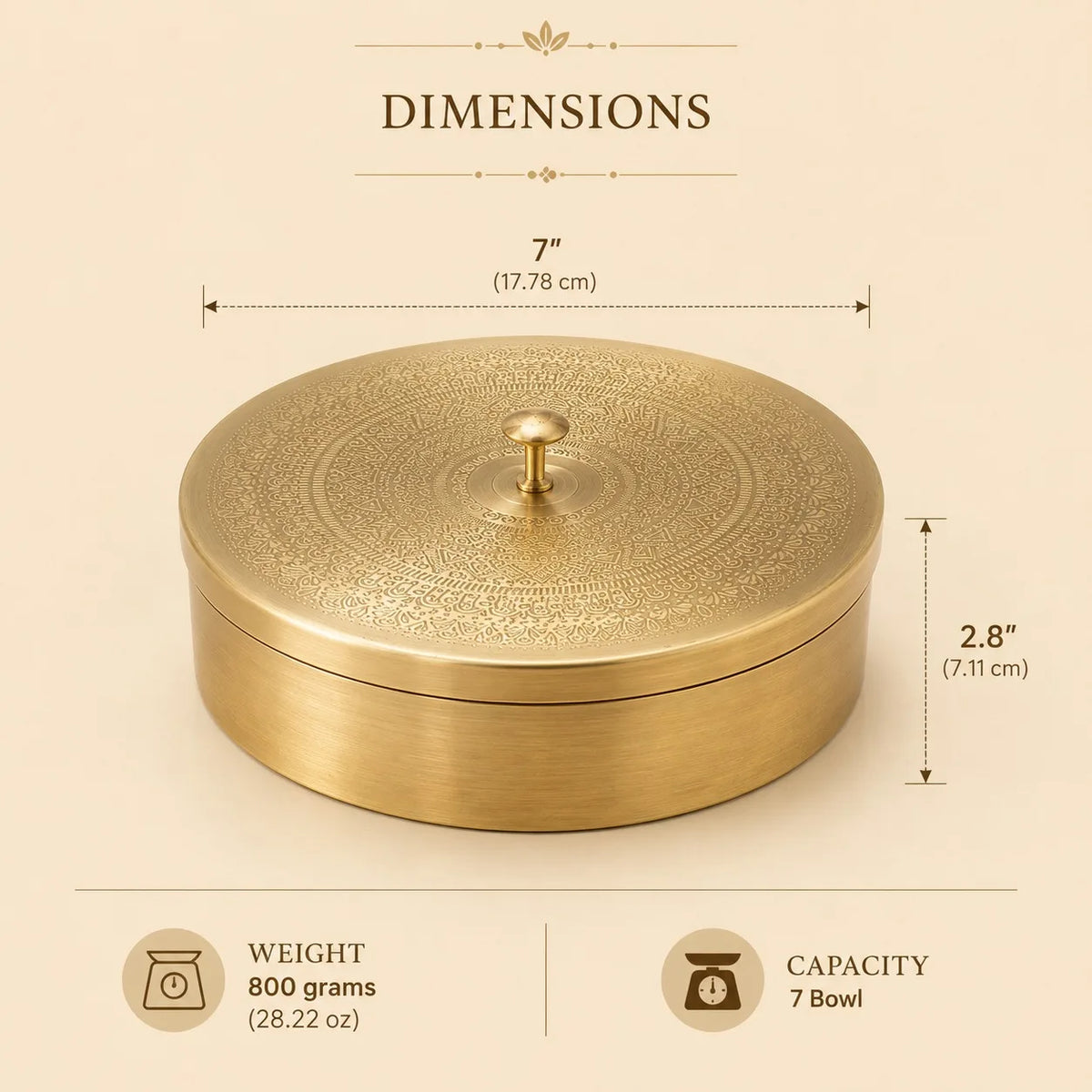 SHUBHAM Brass Spice Box Herbal Storage Tray Hammered Mandala Lid 7 Compartment Seasoning Organizer Food Grade Dishwasher Safe