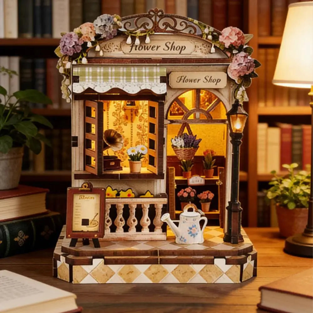 Creative Bookstore Desktop Decoration DIY Wooden Book Home Building Gift Mini Flower Shop Model For Adults With LED Lighting