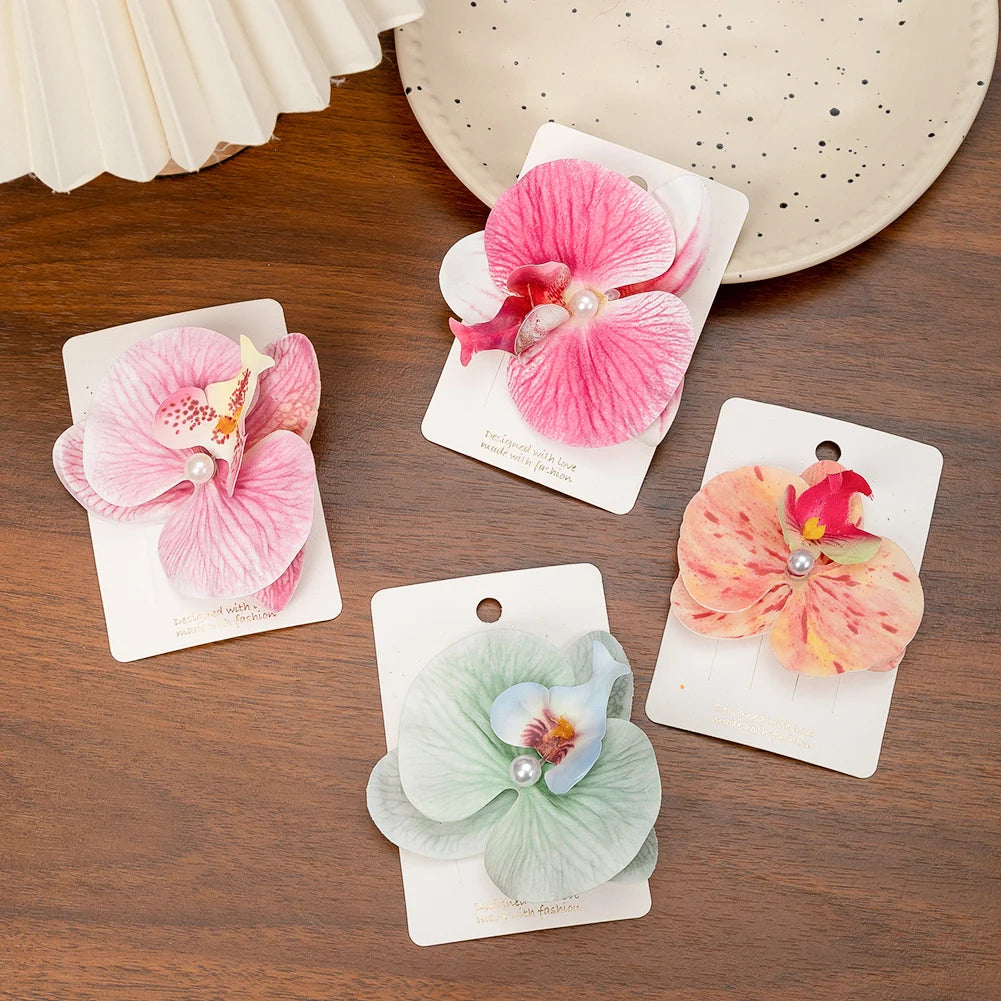 Artificial Orchid Flower Butterfly Hair Clips for Woman Girls Phalaenopsis Pearl Duckbill Hairgrips Hairpins Hair Accessories