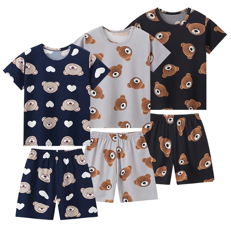 2-Piece Children's Cute Bear Print Fashion Suit Boy's Casual Fashion Round Neck Shirt Girl's Comfortable Wild Shorts Combination