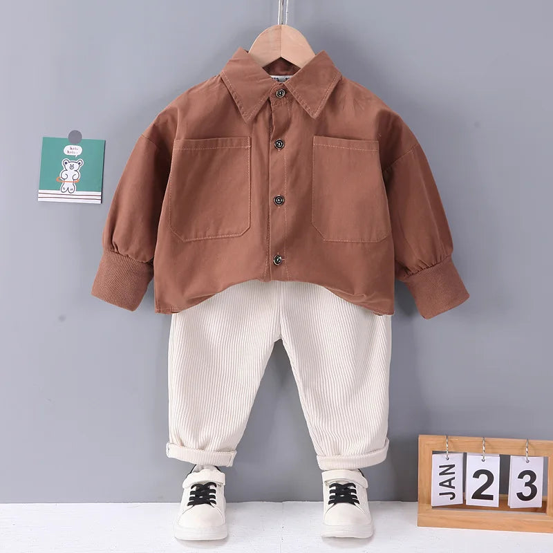 2-Piece Boys' Lapel Shirt and Corduroy Pants Clothing Set