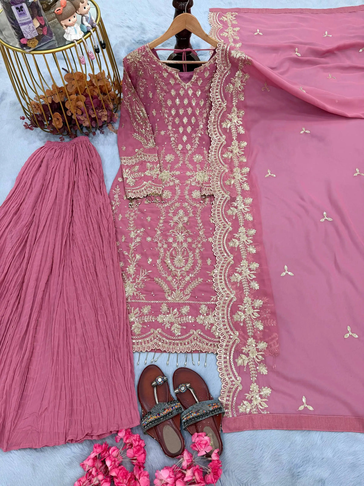 PinkCityBlocks Readymade Women's Indian Digital Print Sharara Gharara Kurti Set Faux Georgette Fabric Traditional Winter Party
