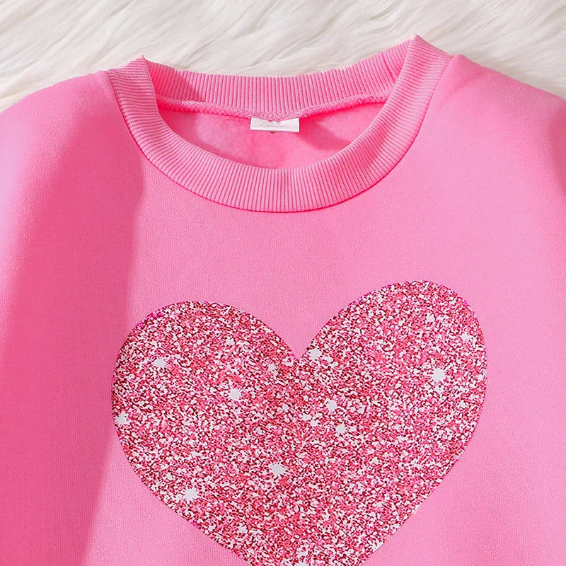 Children‘s Autumn Winter Warm Clothes Sets For Girls Solid Color Heart Print Top And Pants Daily Causal Sports Loose Lounge Wear