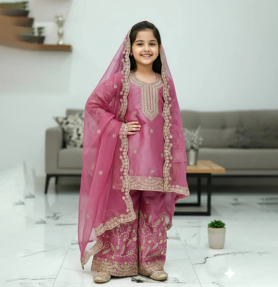 Indian Punjabi Pakistani Style Embroidery Wedding and Festive Party Wear Children Sharara Suit Girls Kids ethnic Shalwar Kameez