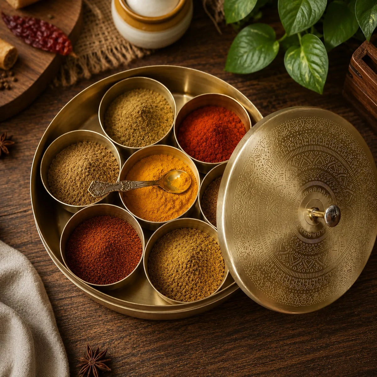 SHUBHAM Brass Spice Box Herbal Storage Tray Hammered Mandala Lid 7 Compartment Seasoning Organizer Food Grade Dishwasher Safe