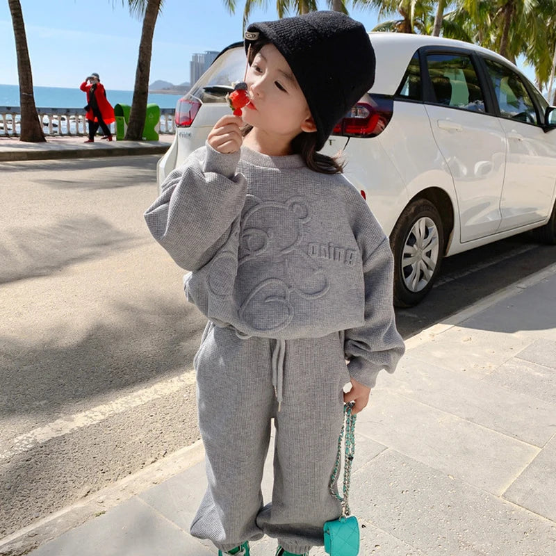 3-8 Years Girls Casual Clothing Set Spring Autumn New Cartoon Bear Print Long Sleeved Sweatershirt+Pants 2Pcs Sports Outfit