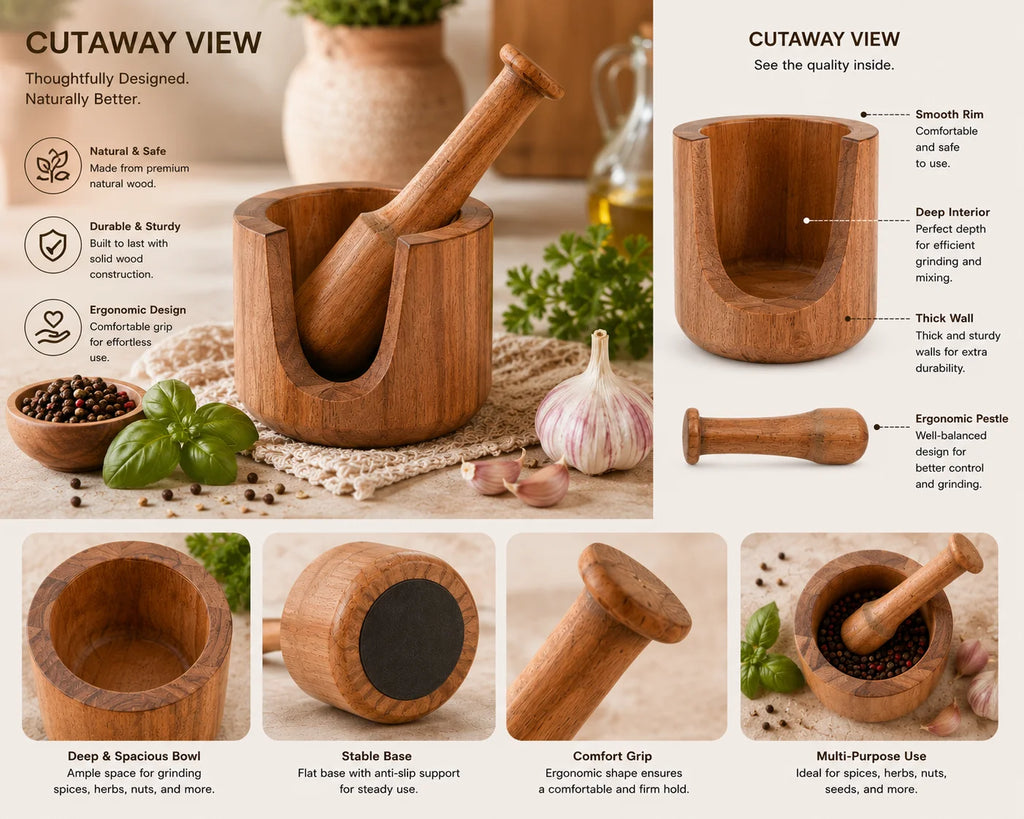 Acacia Wood Mortar Pestle Set Multifunctional Spice Grinder Garlic Masher Herb Crusher Household Seasoning Kitchen Use