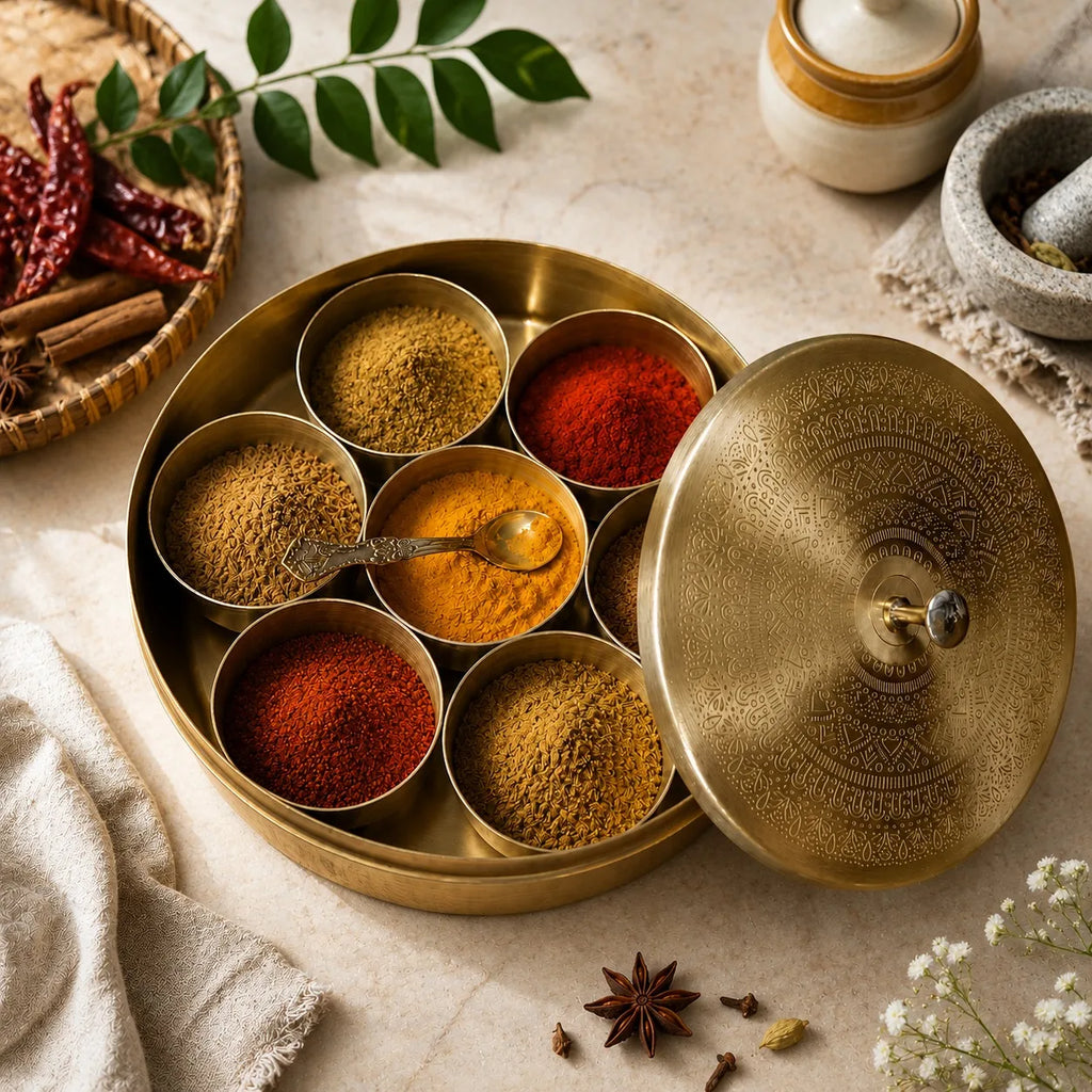 SHUBHAM Brass Spice Box Herbal Storage Tray Hammered Mandala Lid 7 Compartment Seasoning Organizer Food Grade Dishwasher Safe