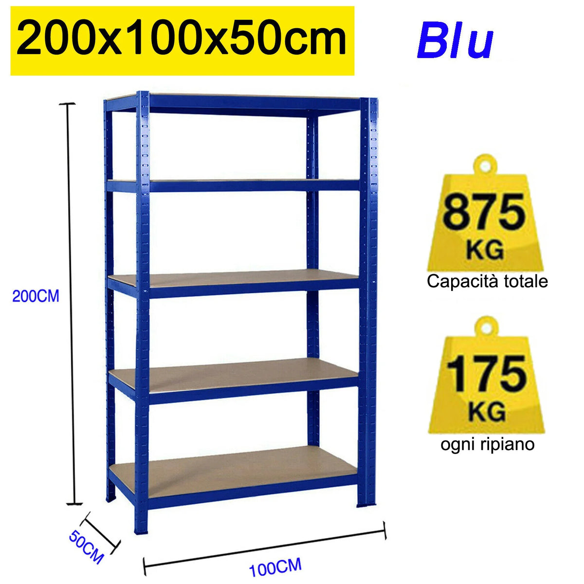 5-Tier Heavy Duty Boltless Garage Shelving Unit, 875kg Capacity, 200x100x50cm